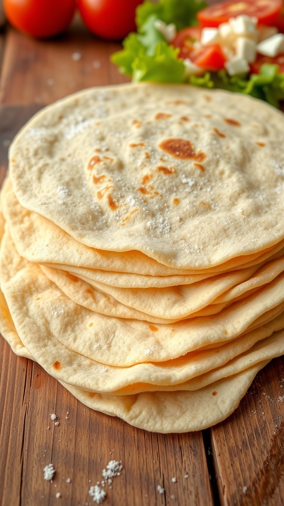 A stack of soft homemade tortillas on a wooden table with fresh ingredients for tacos.